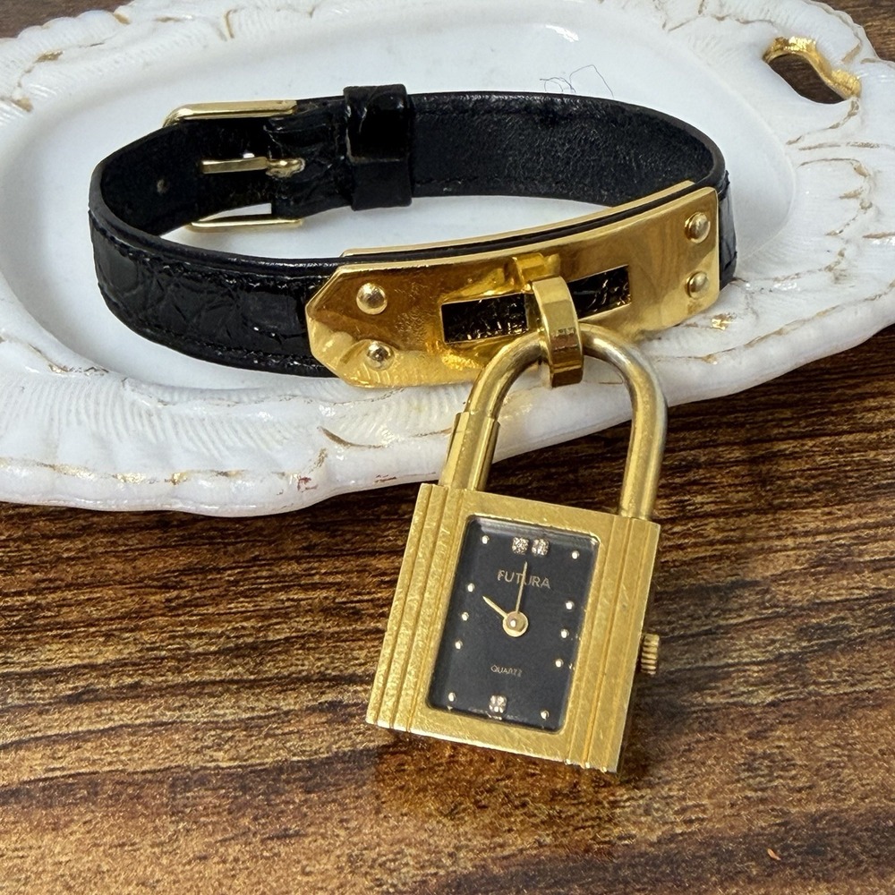 Vintage 80s FUTURA Gold Tone Crystal Padlock Bracelet Watch Black Strap Untested